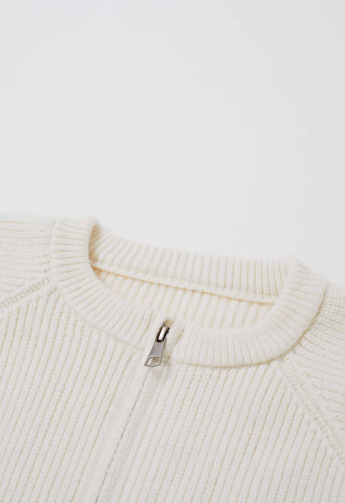 Drawstring Zipper Ribbed Knit Cardigan in Ivory