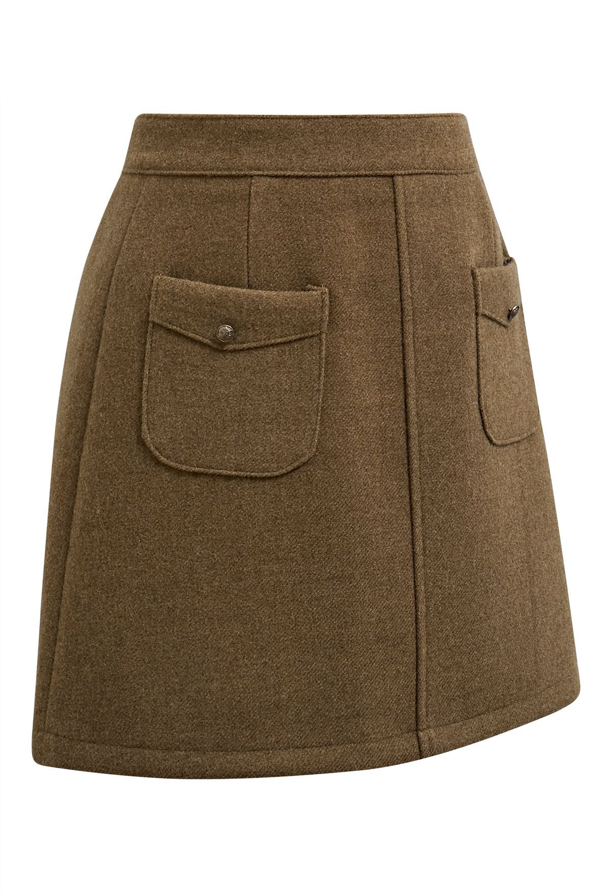 Retro Button Patch Pockets Mini Bud Skirt in Camel