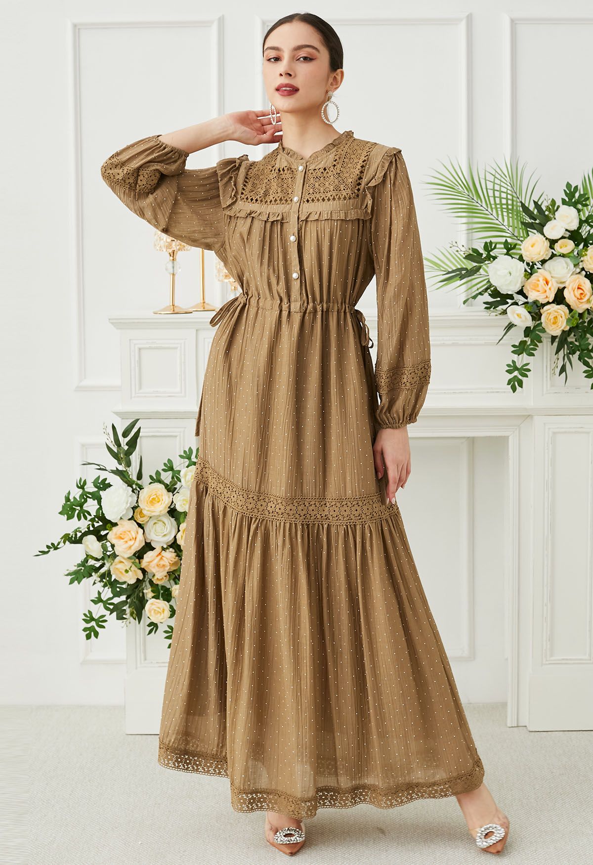 Rhinestone Dots Crochet Buttoned Maxi Dress in Tan