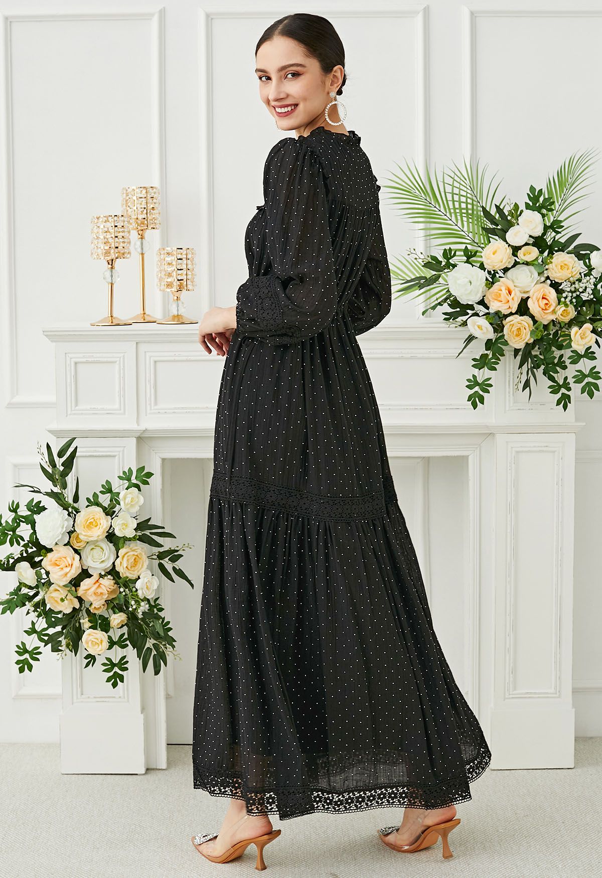 Rhinestone Dots Crochet Buttoned Maxi Dress in Black