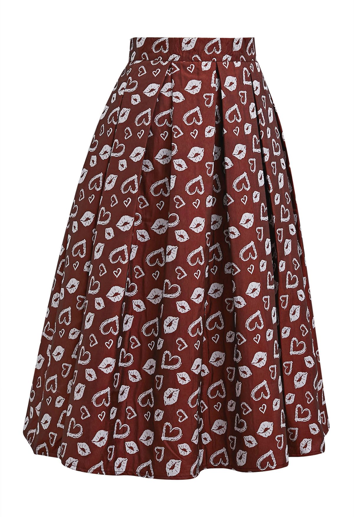 Fiery Lips and Heart Box Pleat Midi Skirt