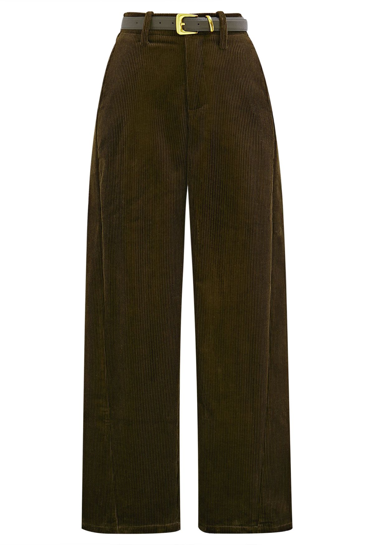 Sturdy Corduroy Belted Straight-Leg Pants in Army Green