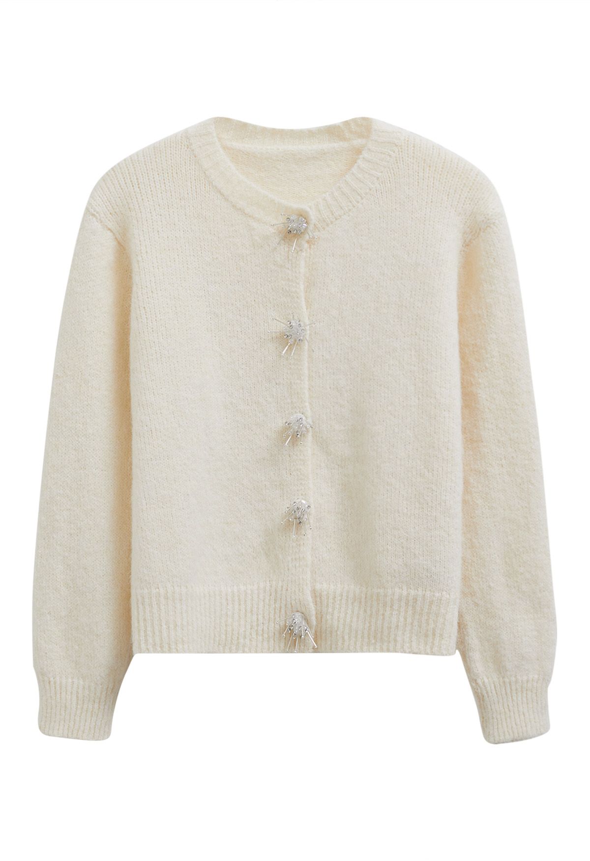 Starburst Rhinestone Snap Button Fuzzy Knit Cardigan in Cream