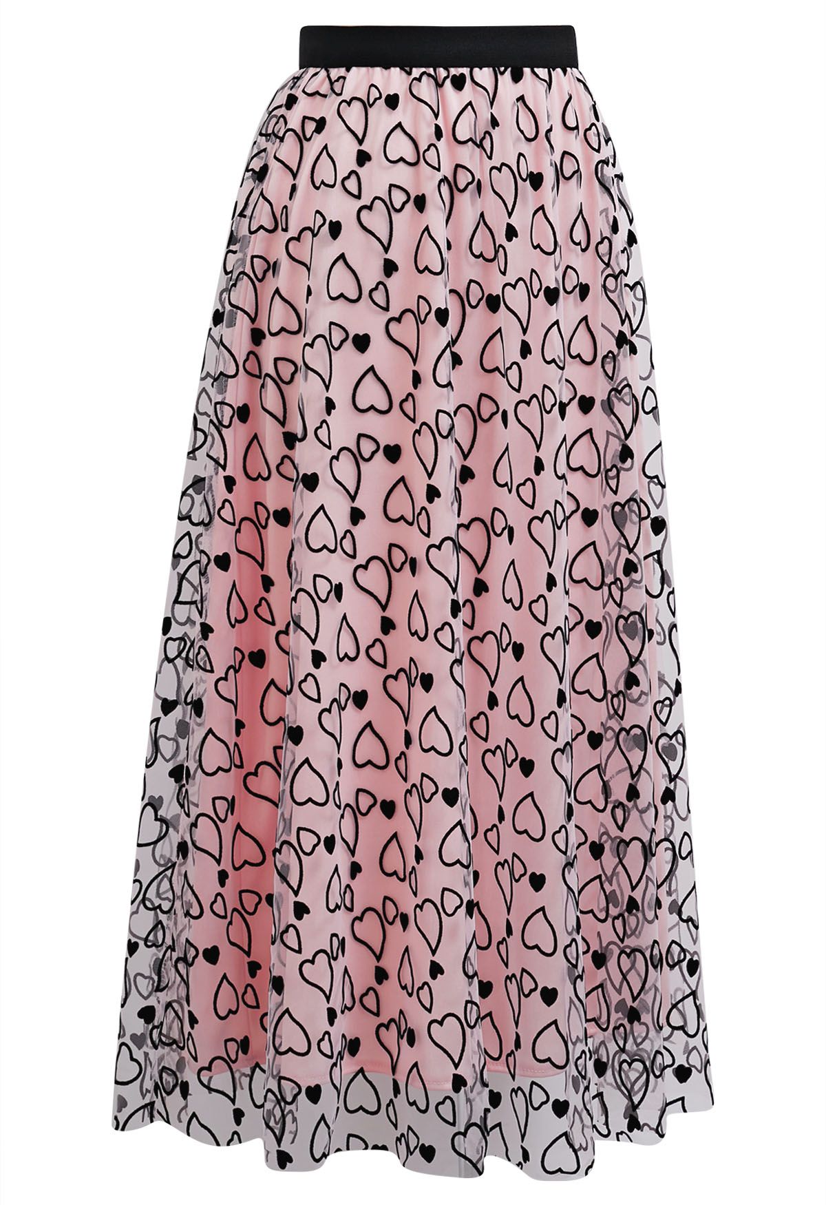 Endearing Velvet Heart Mesh Midi Skirt in Pink