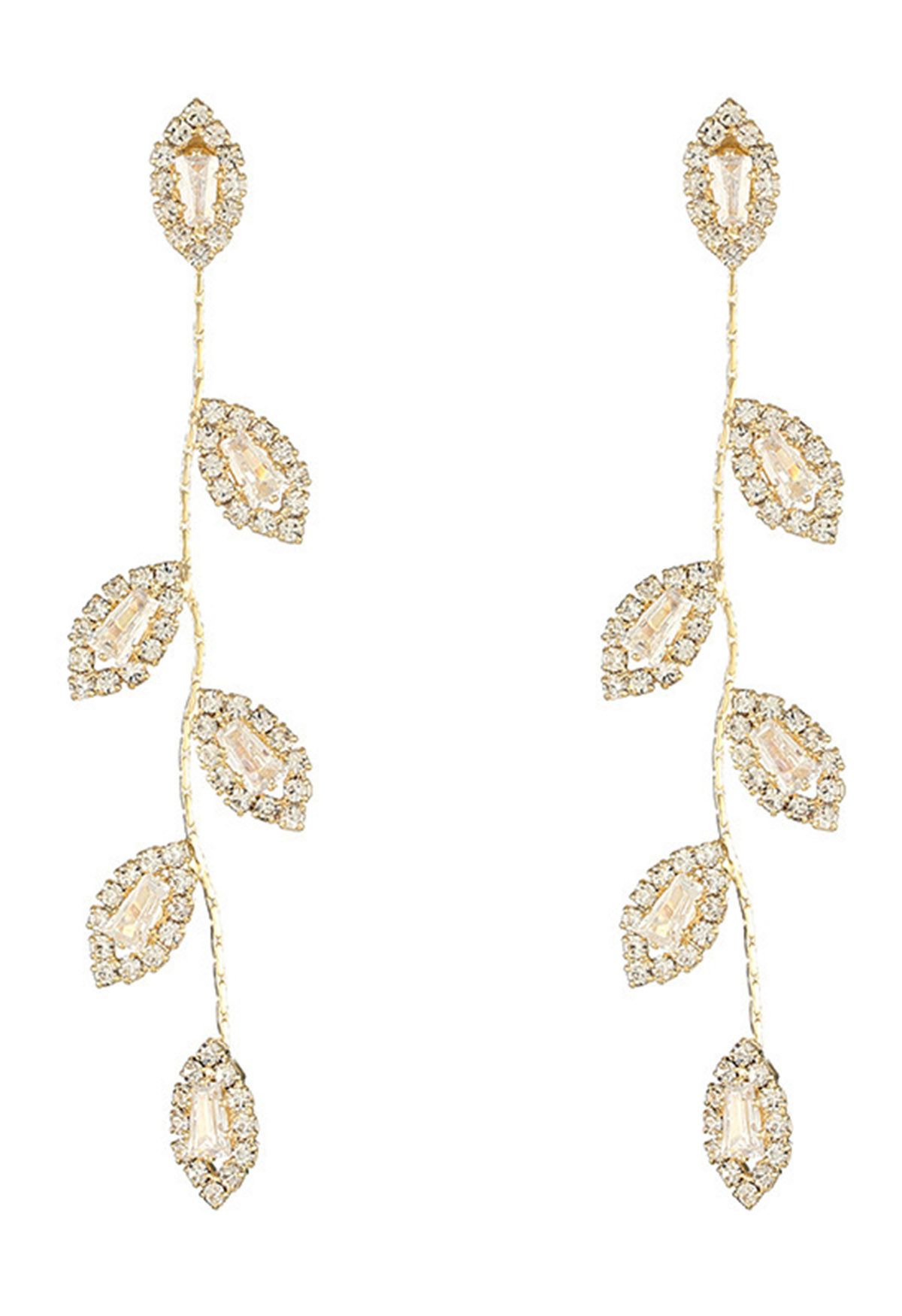 Leaves and Branches Rhinestone Drop Earrings in Gold