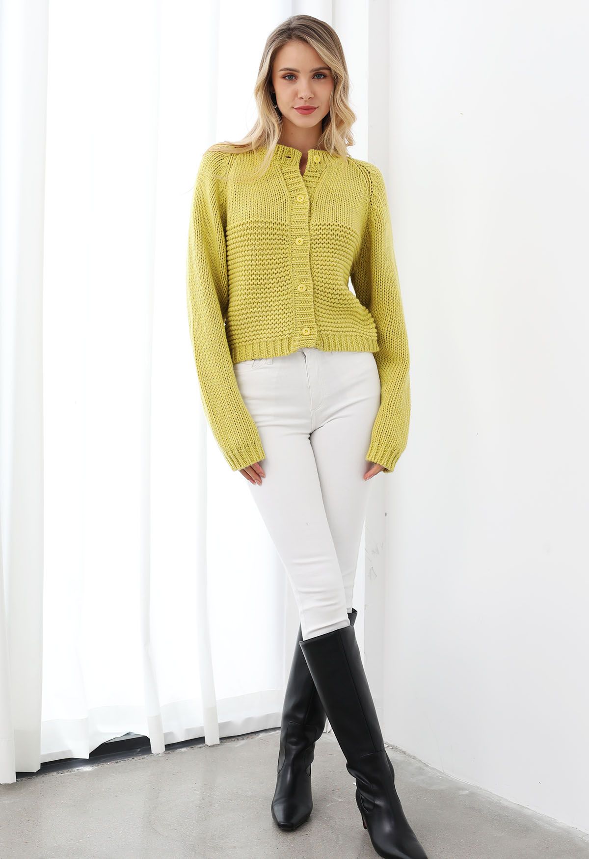 Chunky Buttoned Garter Stitch Knit Cardigan in Lime