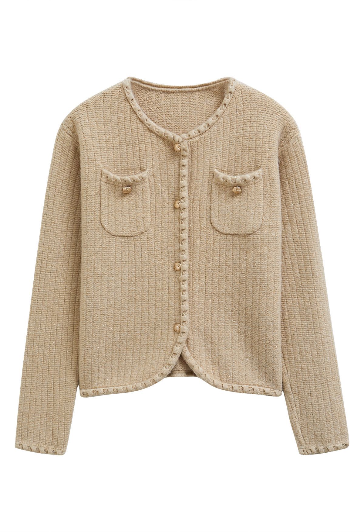 Gleaming Fringe Trim Buttoned Knit Cardigan in Camel