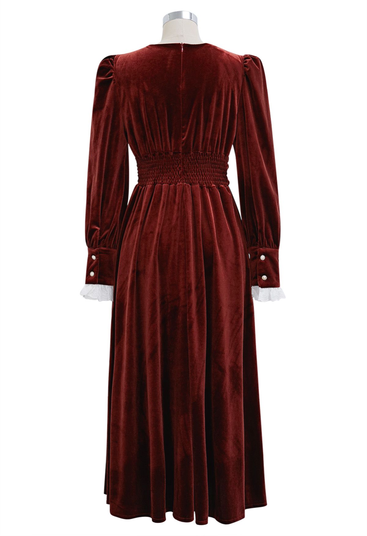 V-Neck Eyelet Embroidery Velvet Midi Dress in Burgundy