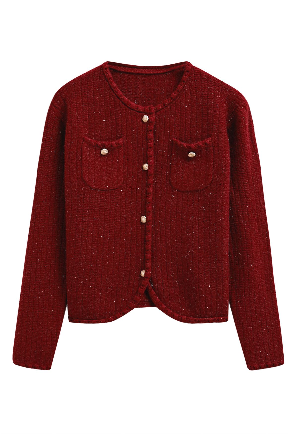 Gleaming Fringe Trim Buttoned Knit Cardigan in Red