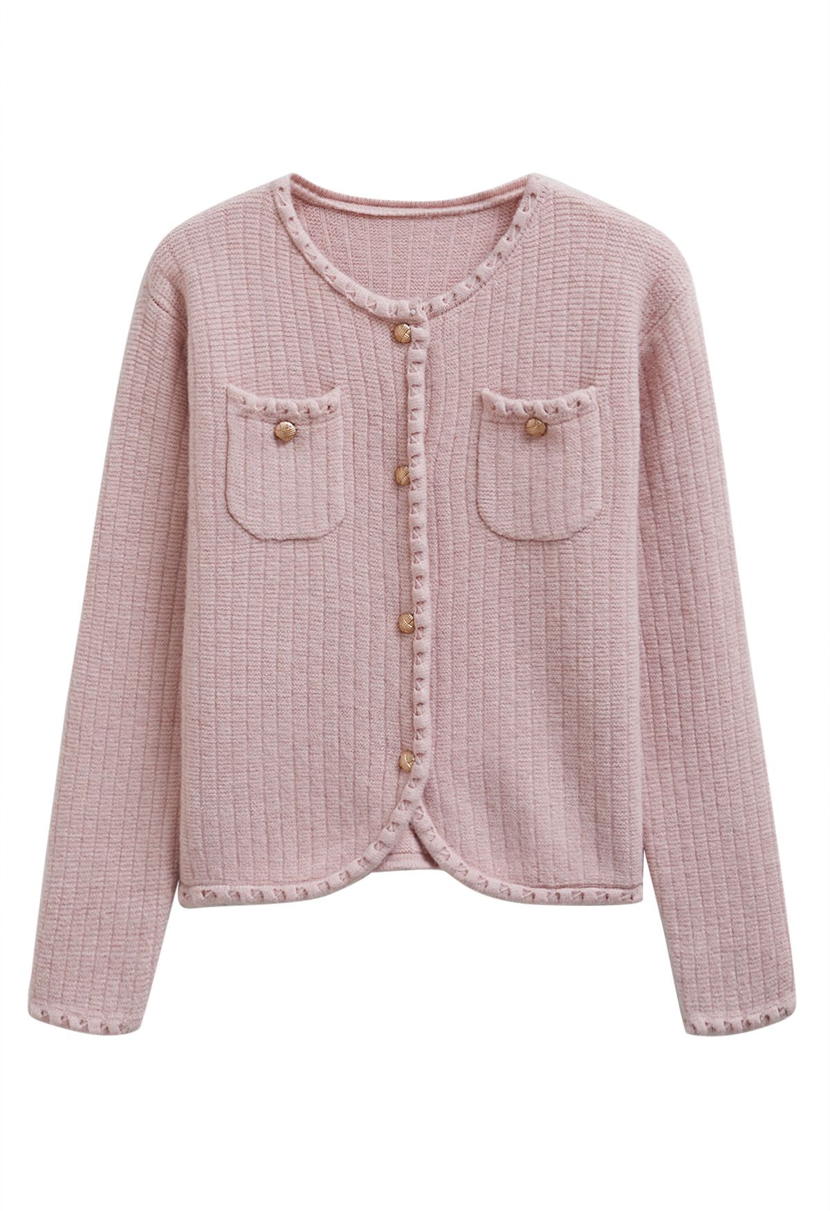 Gleaming Fringe Trim Buttoned Knit Cardigan in Pink