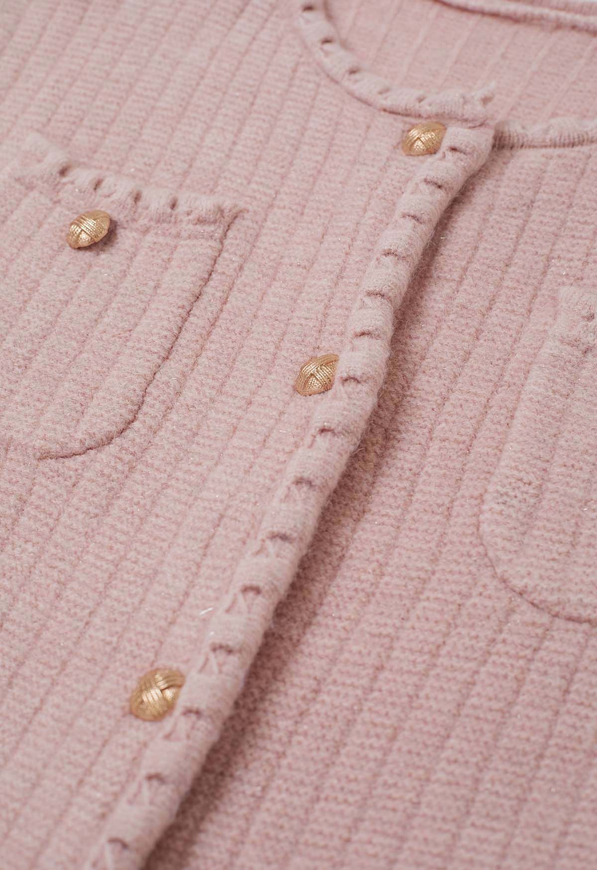 Gleaming Fringe Trim Buttoned Knit Cardigan in Pink