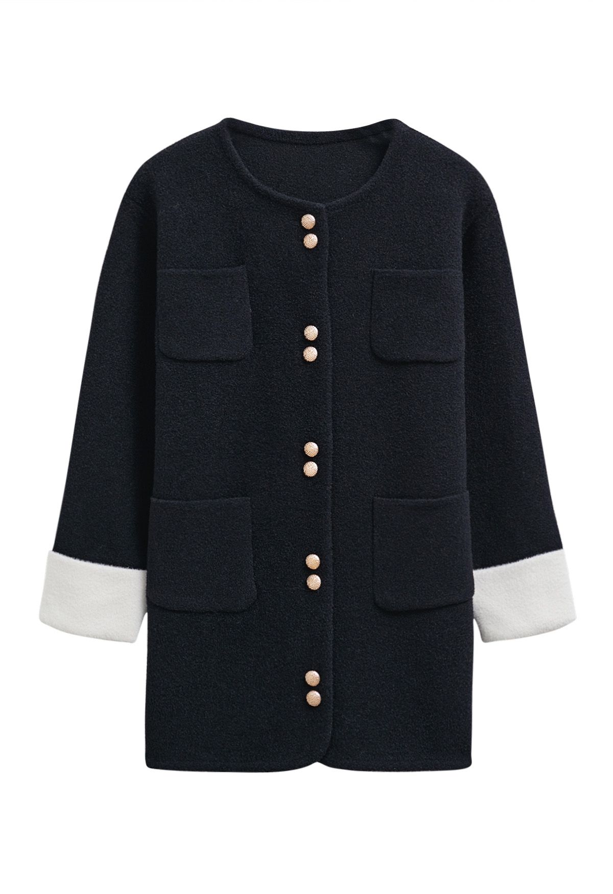 Contrast Cuffs Patch Pockets Buttoned Knit Coat in Black