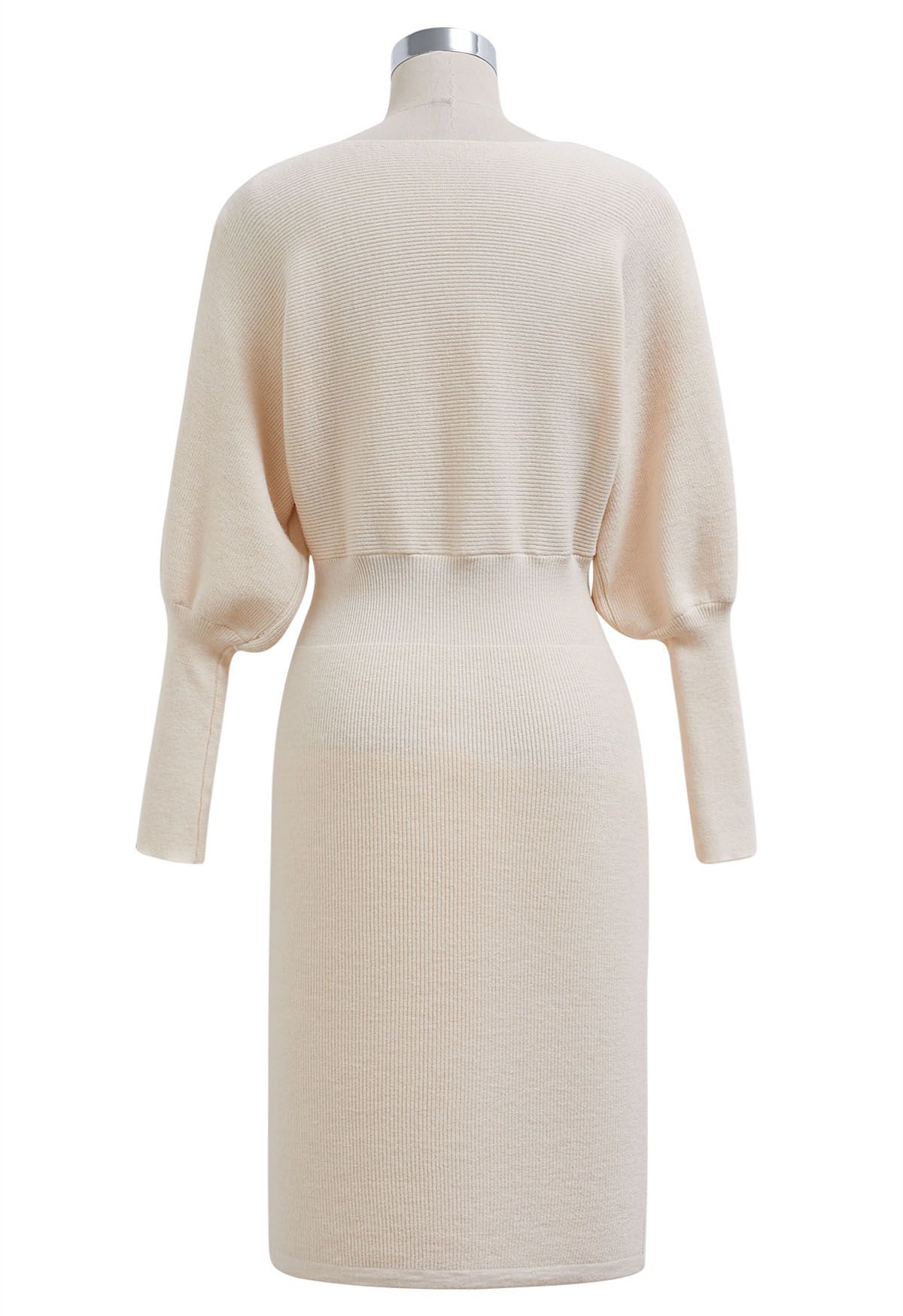 Batwing Sleeves Cinched Waist Knit Dress in Cream