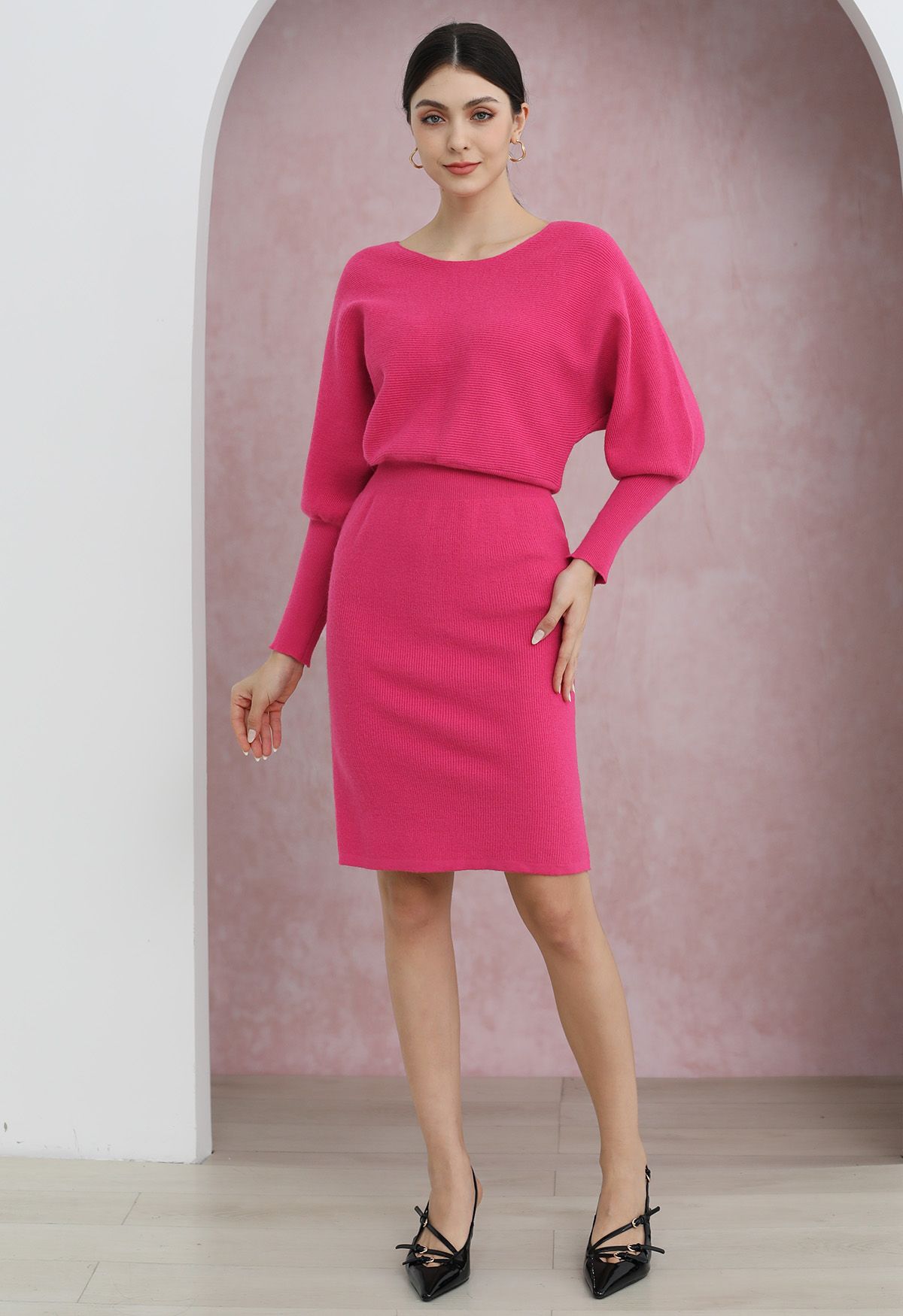 Batwing Sleeves Cinched Waist Knit Dress in Hot Pink