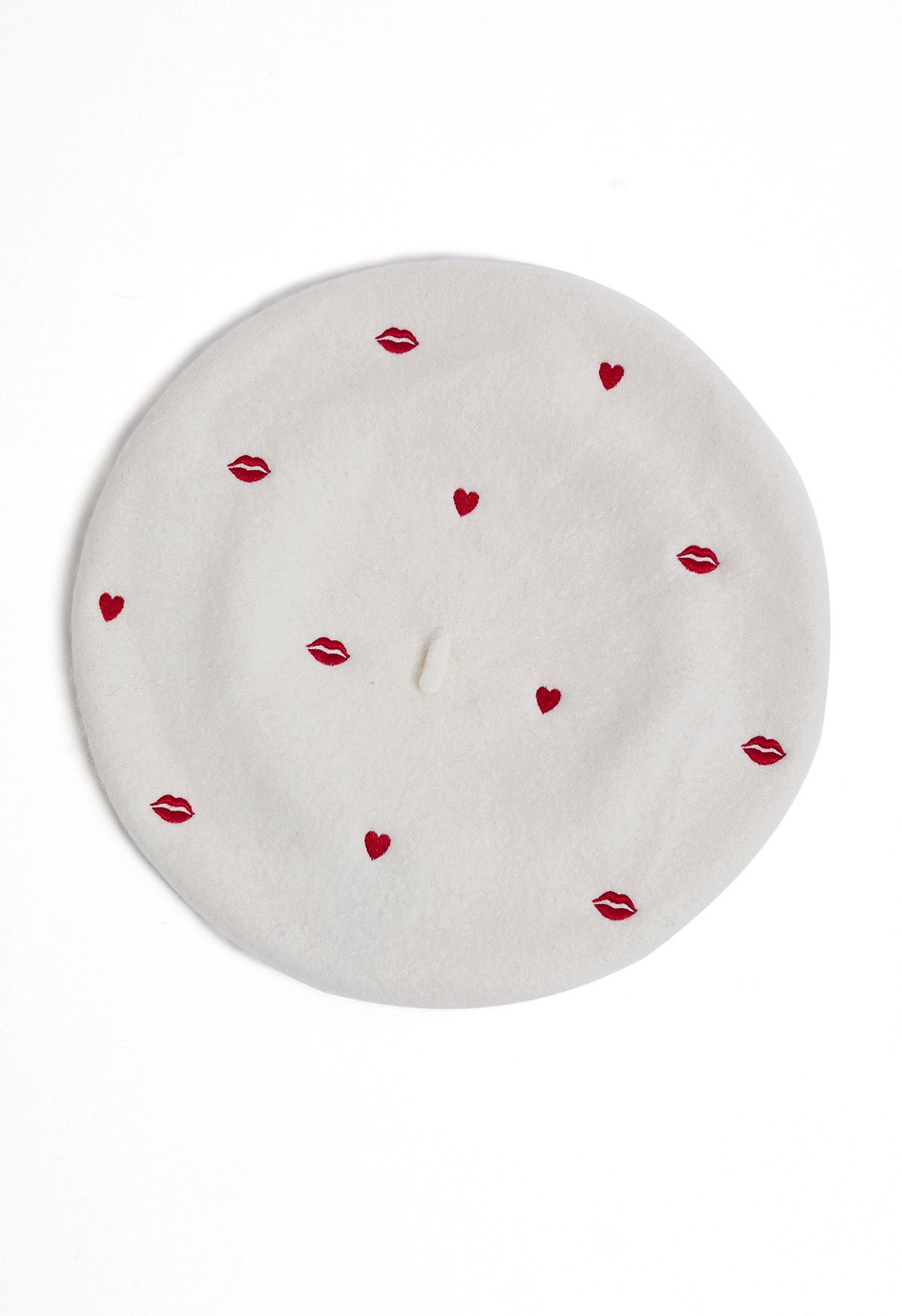 Lips and Hearts Wool-Blend Beret in White