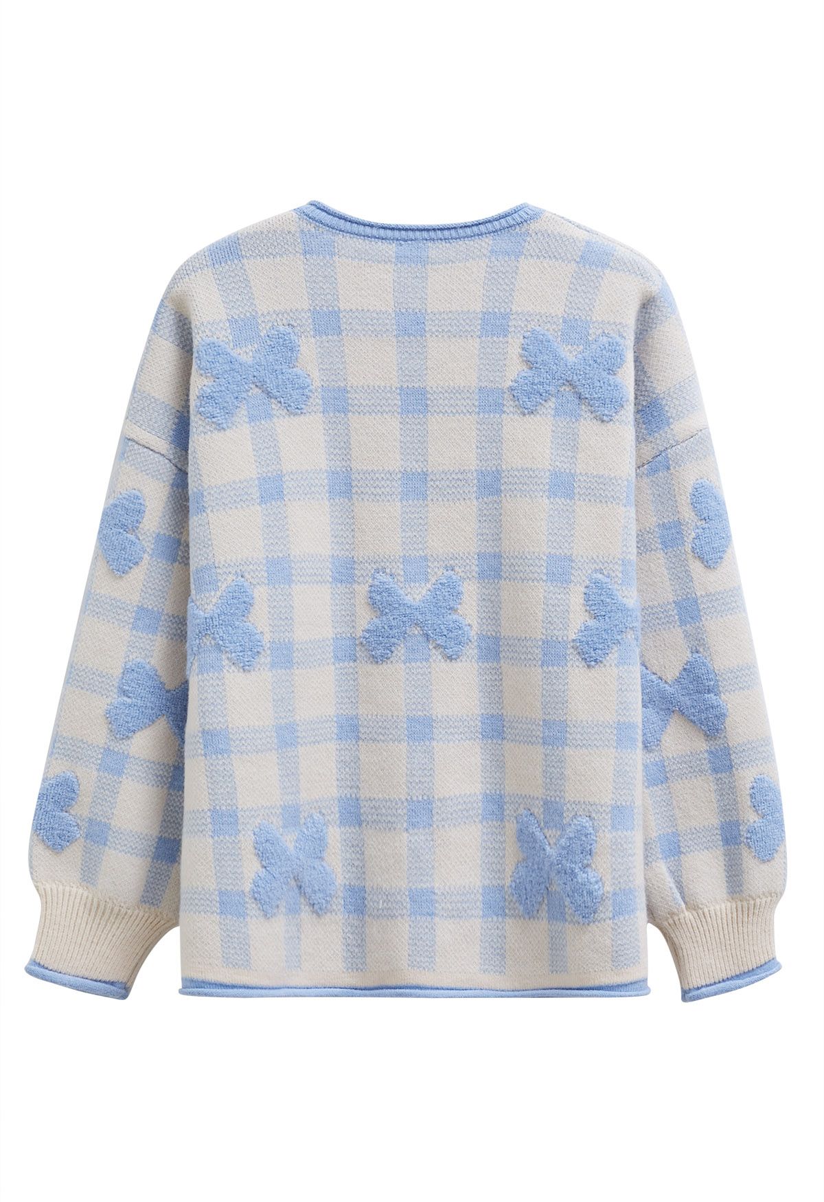 Bowknot Jacquard Check Buttoned Knit Cardigan in Baby Blue