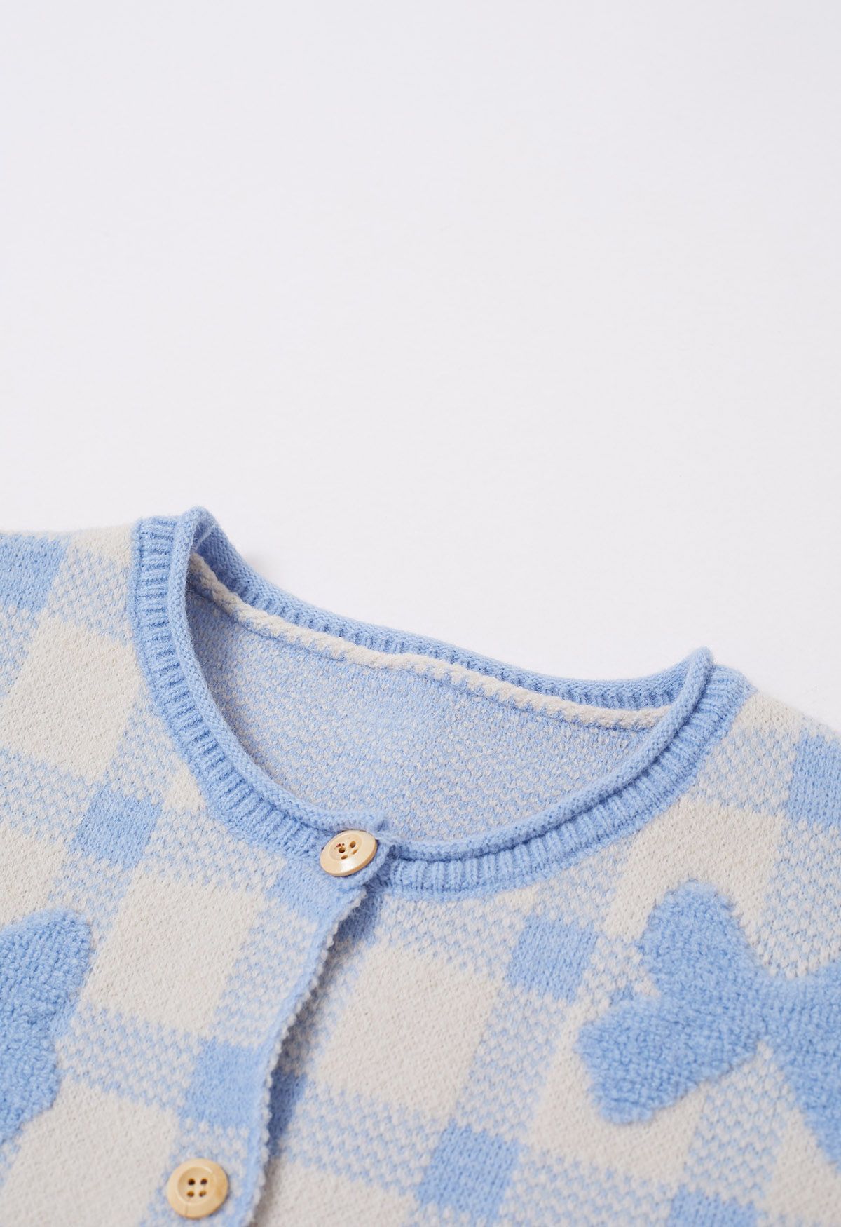 Bowknot Jacquard Check Buttoned Knit Cardigan in Baby Blue