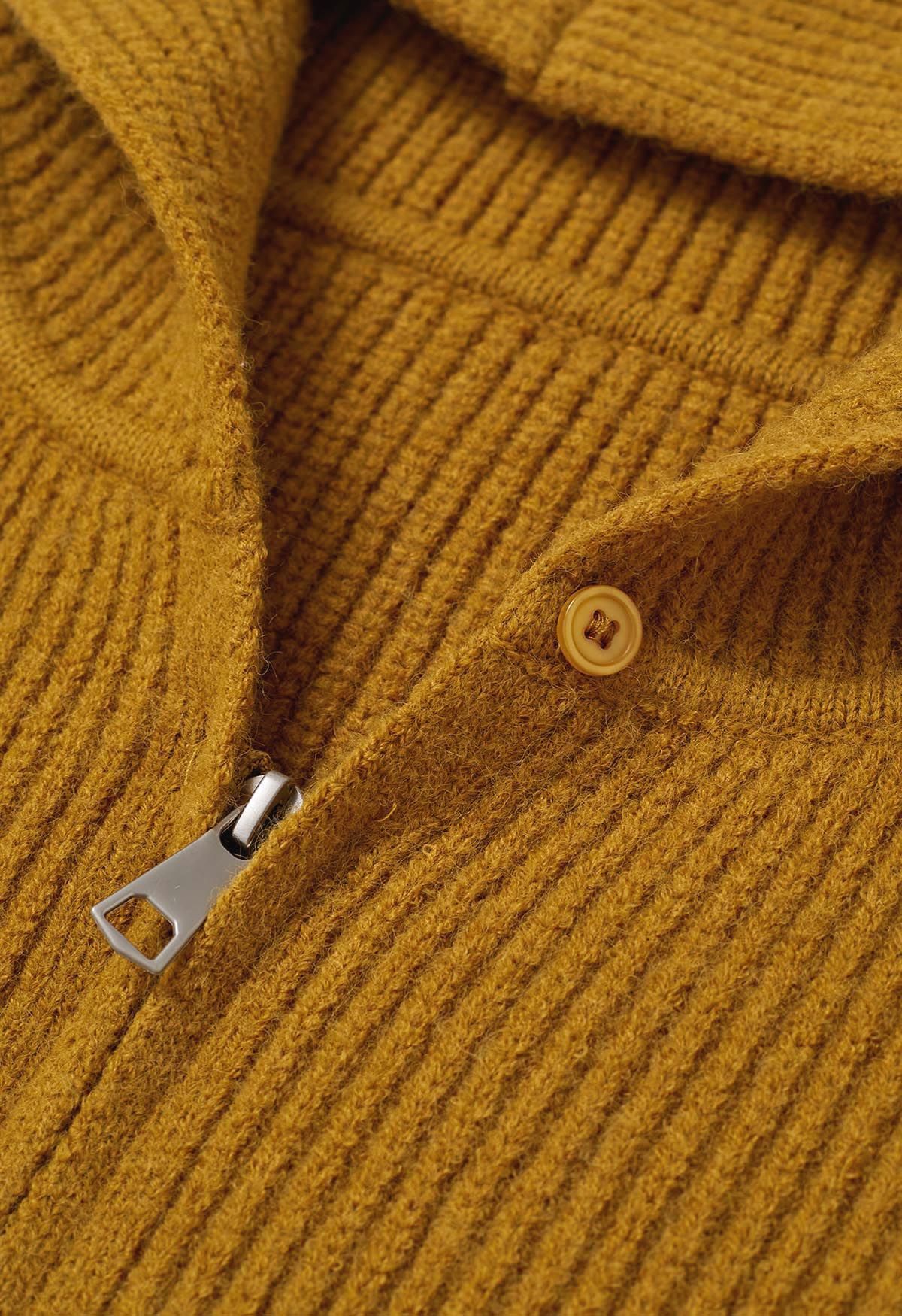 Double-Zip Hooded Crop Knit Cardigan in Mustard