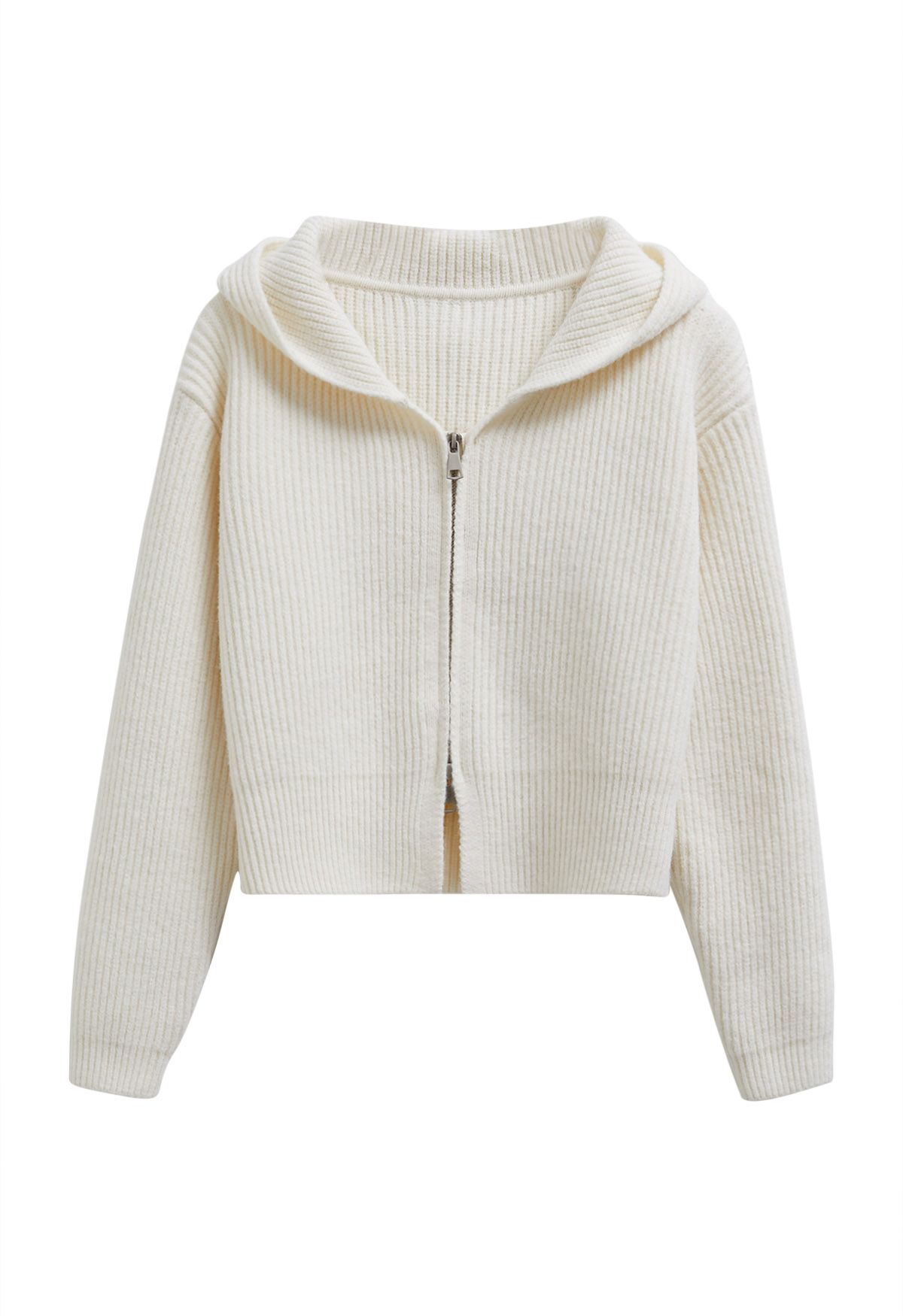 Double-Zip Hooded Crop Knit Cardigan in Ivory