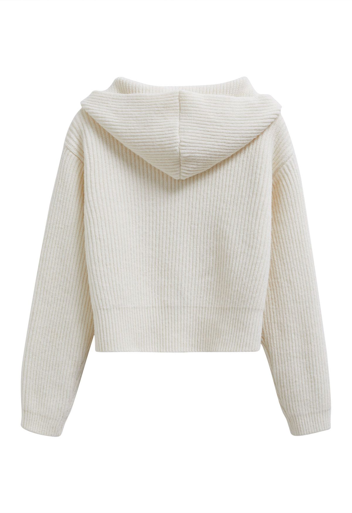 Double-Zip Hooded Crop Knit Cardigan in Ivory