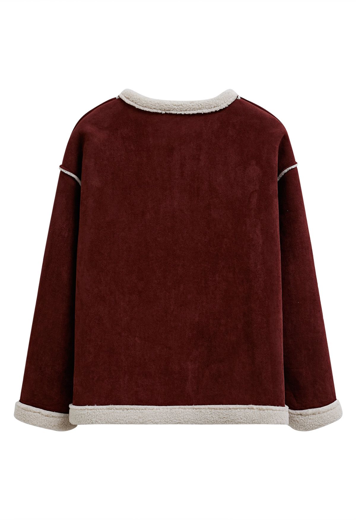 Faux Suede Spliced Sherpa Buttoned Coat in Burgundy