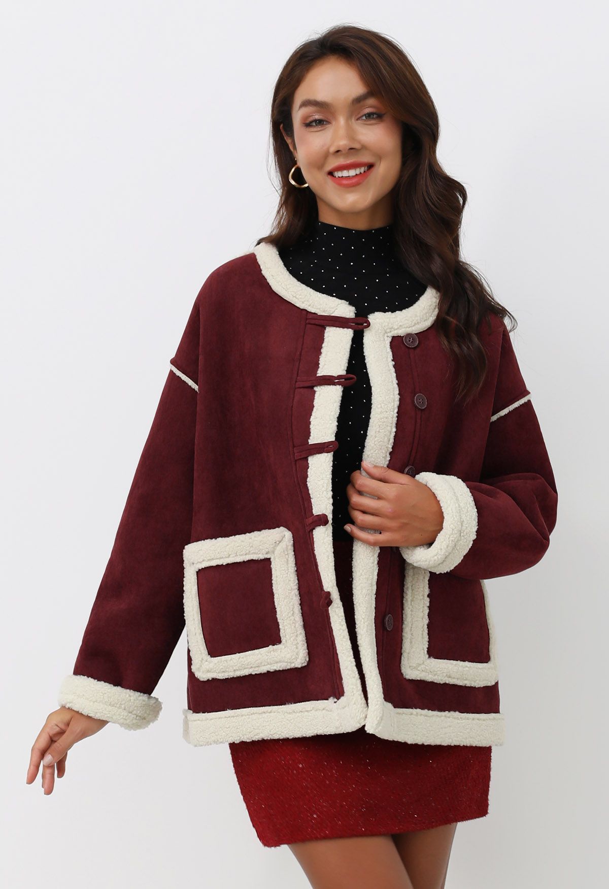 Faux Suede Spliced Sherpa Buttoned Coat in Burgundy