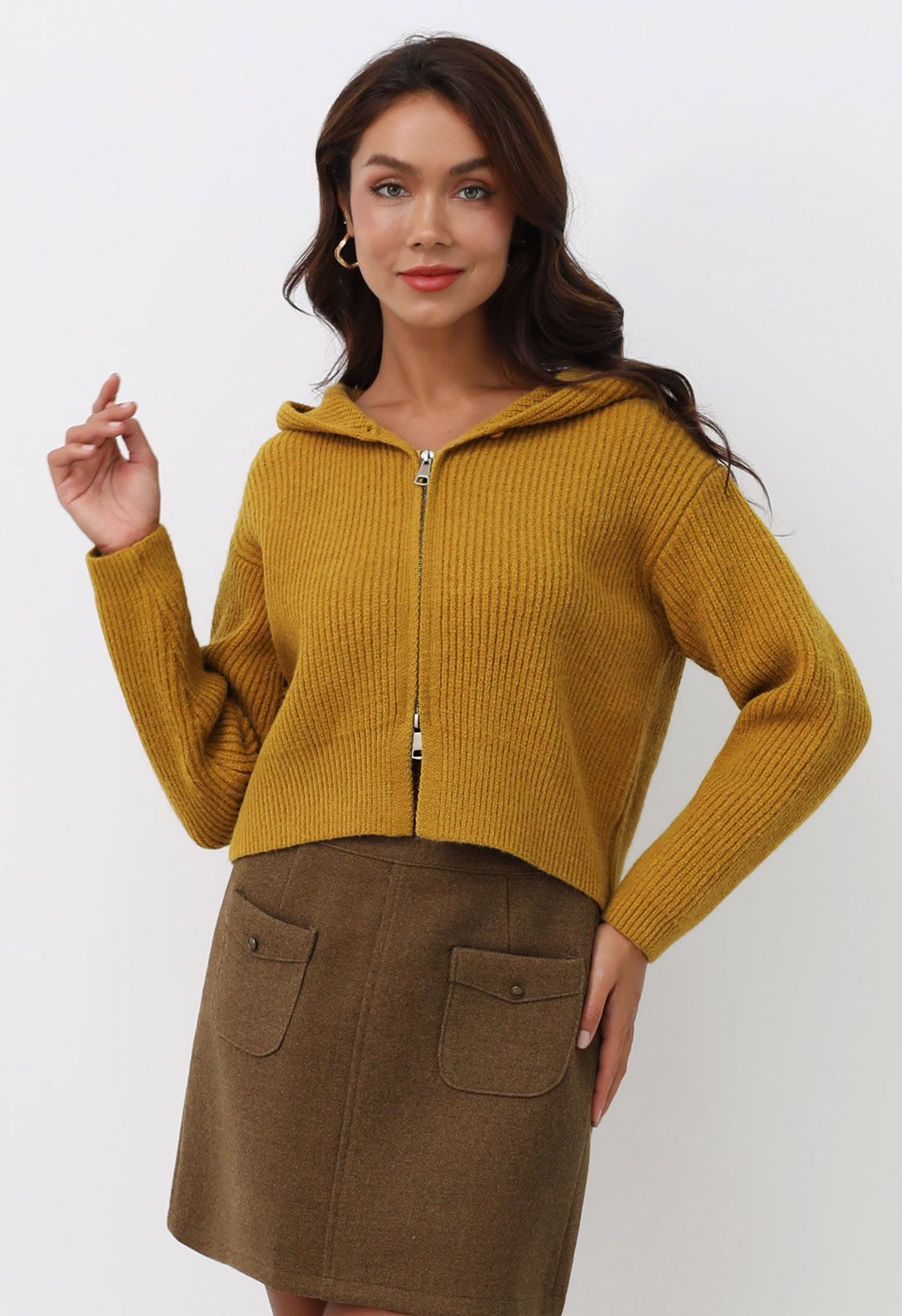 Double-Zip Hooded Crop Knit Cardigan in Mustard