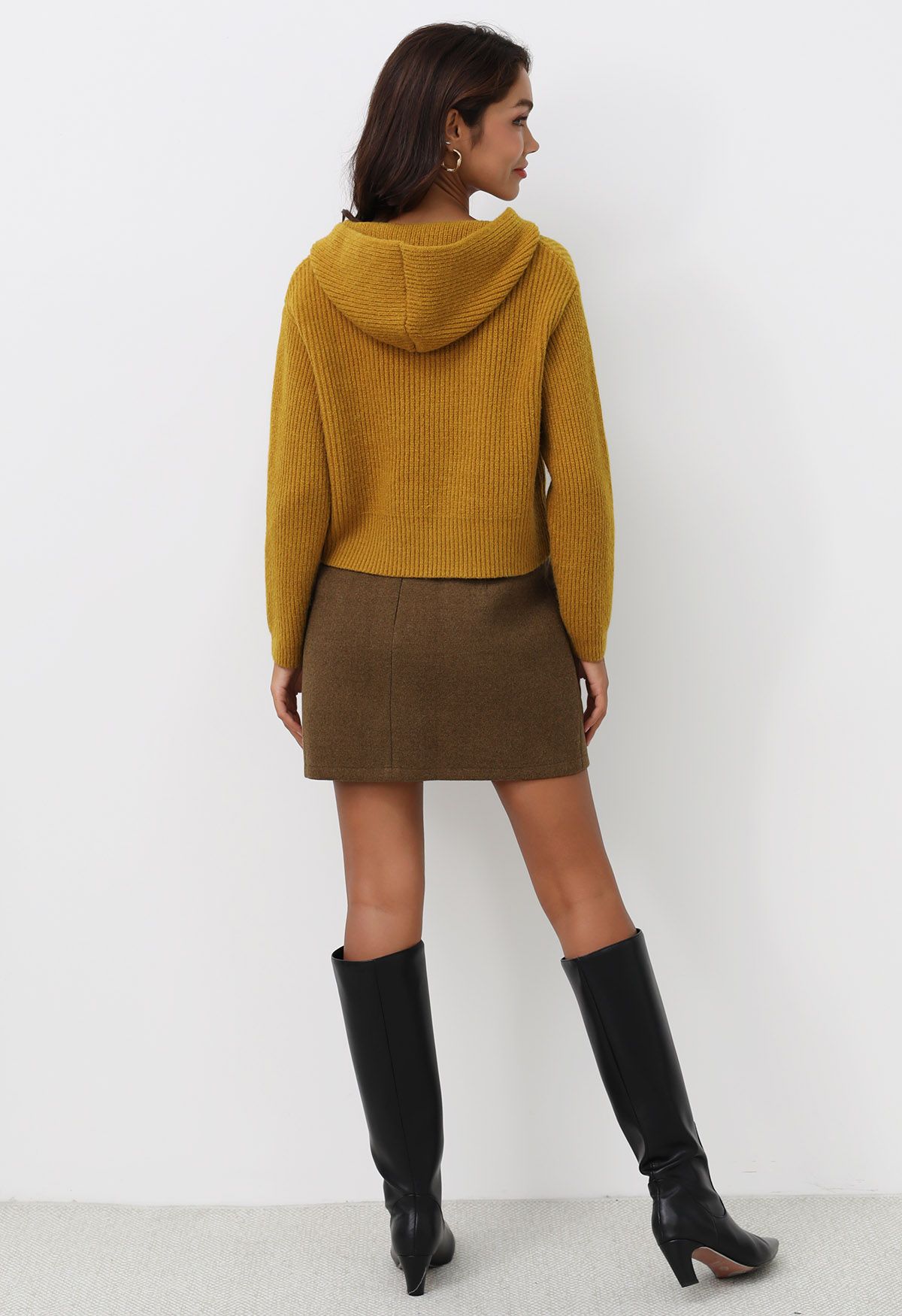 Double-Zip Hooded Crop Knit Cardigan in Mustard