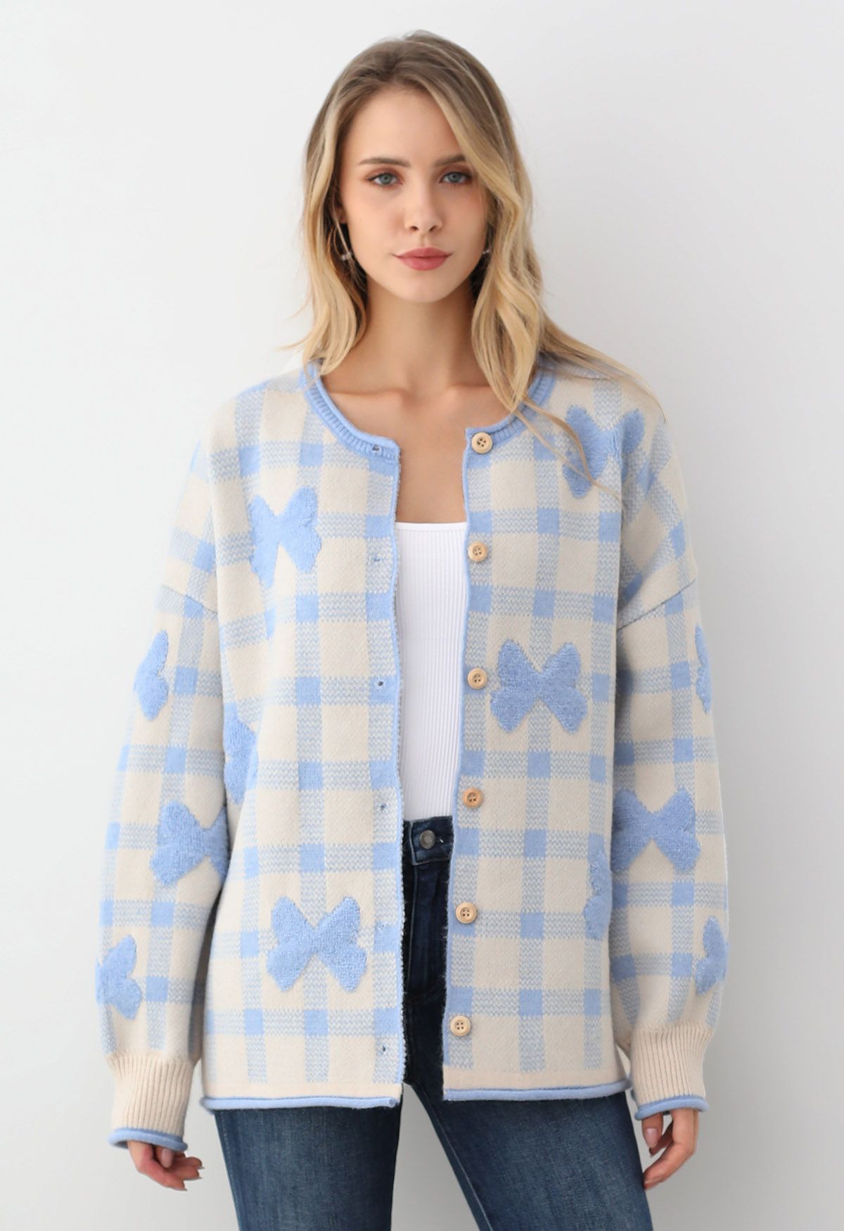 Bowknot Jacquard Check Buttoned Knit Cardigan in Baby Blue