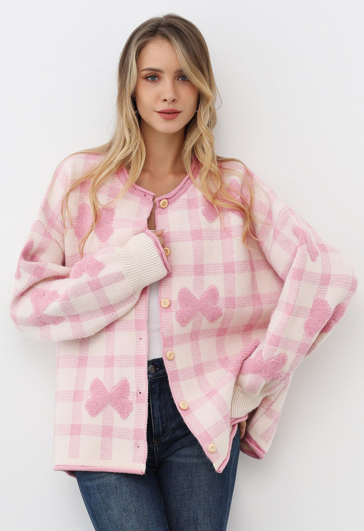 Bowknot Jacquard Check Buttoned Knit Cardigan in Pink