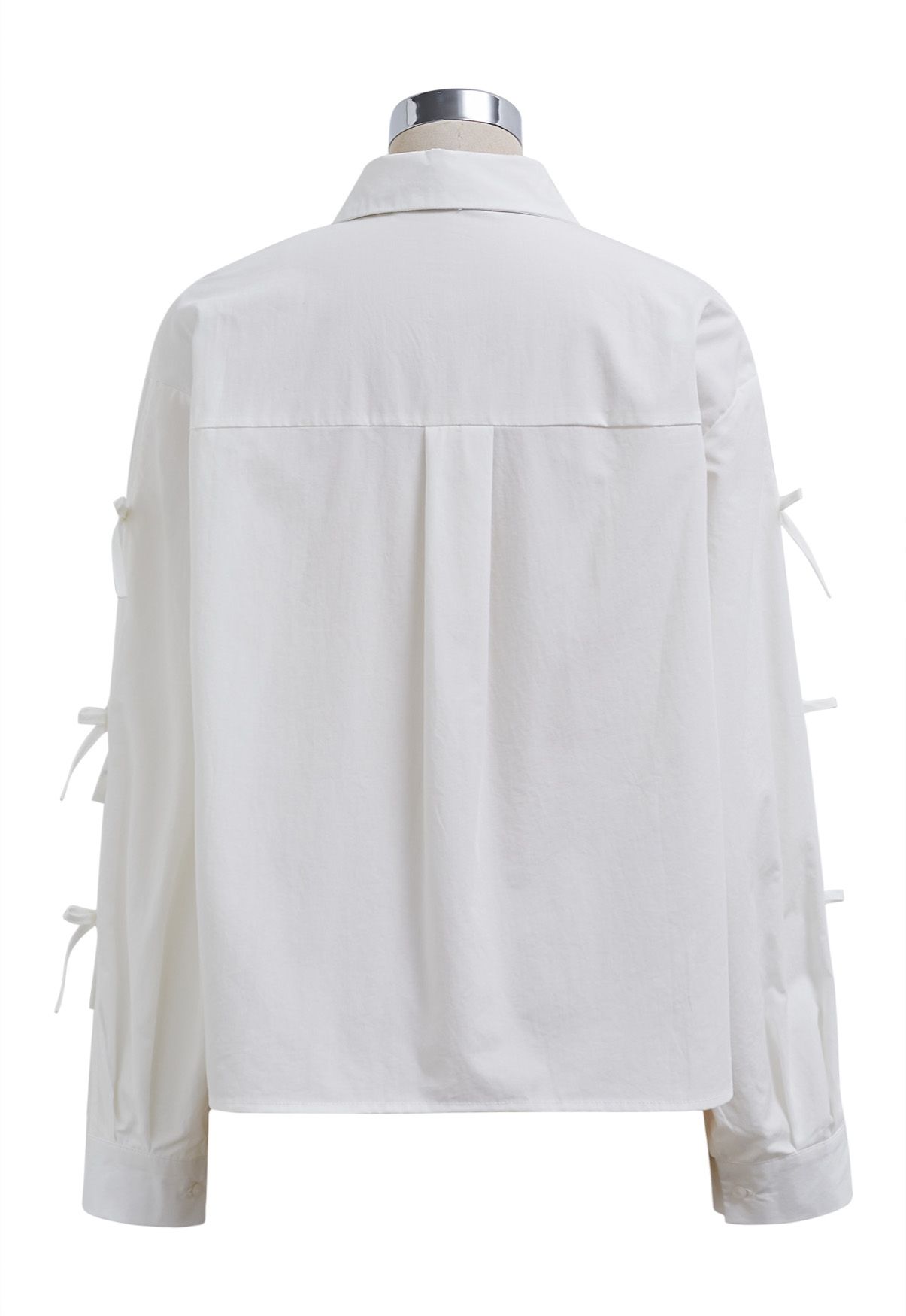 Bowknot Sleeve Patch Pocket Cotton Shirt in White