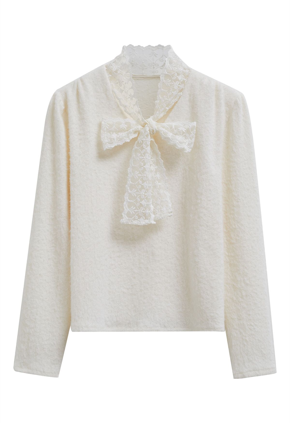 Embroidery Bowknot V-Neck Fuzzy Knit Top