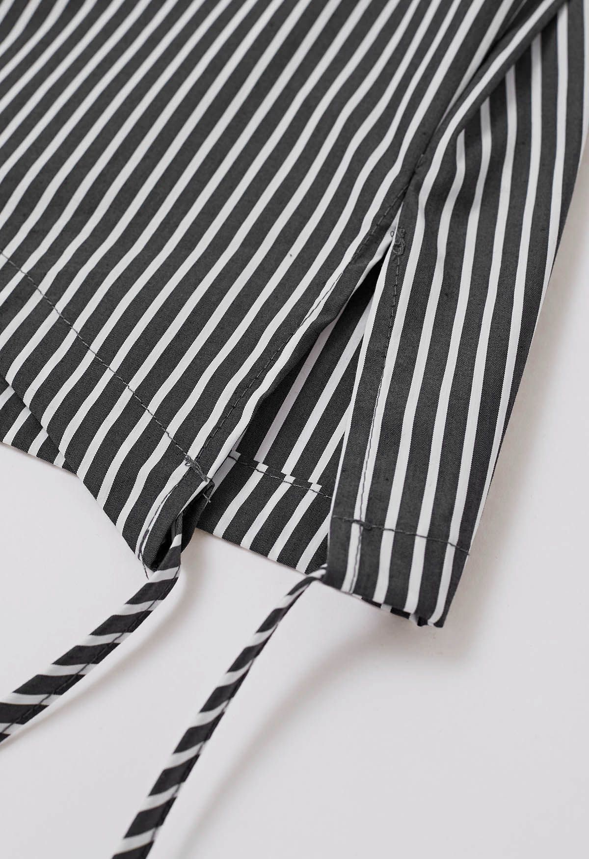 Buttoned Side Flap Collar Stripe Shirt in Black