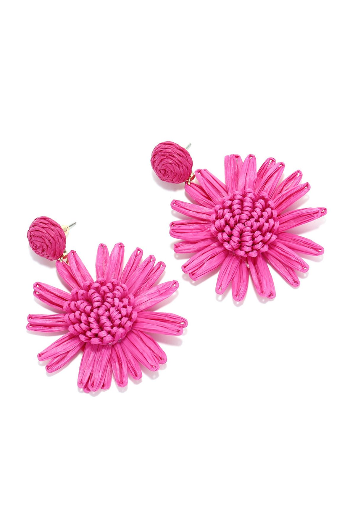 Sunflower Raffia Handmade Woven Earrings in Magenta