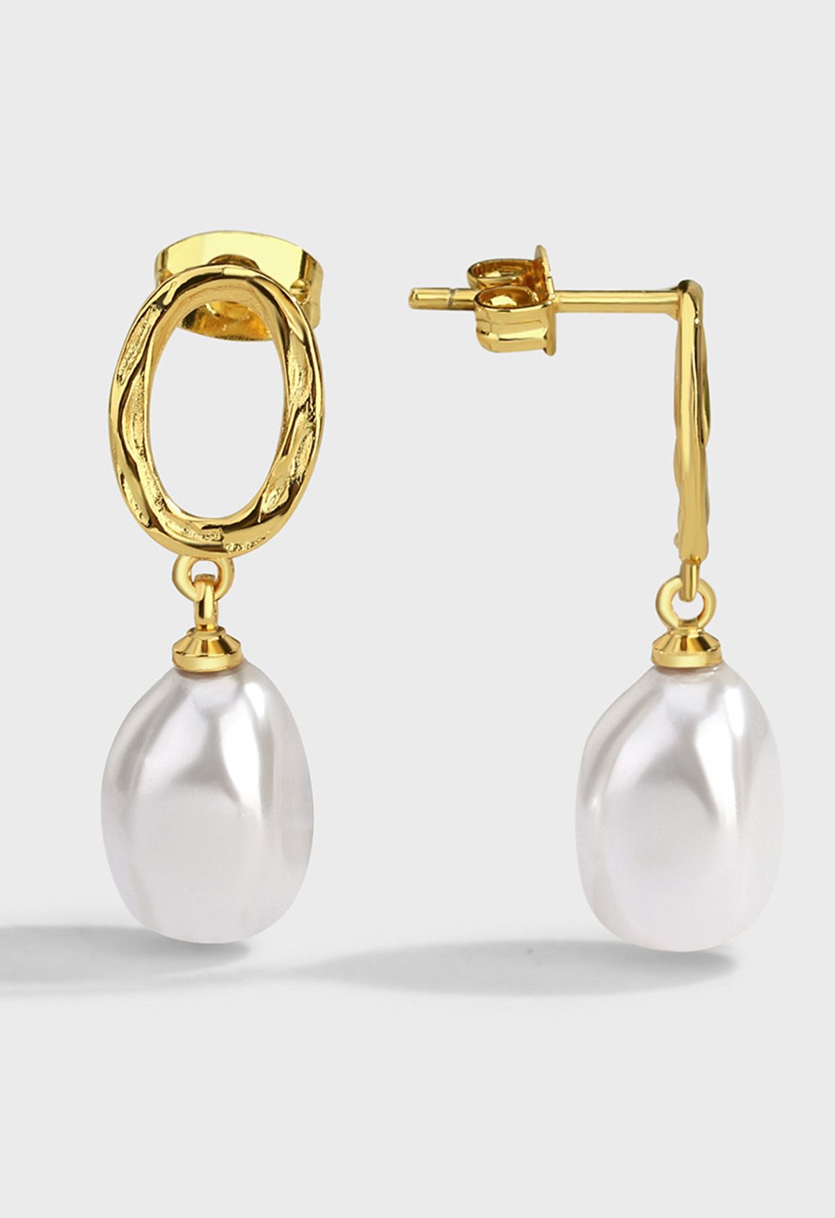 Golden Oval Irregular Pearl Drop Earrings