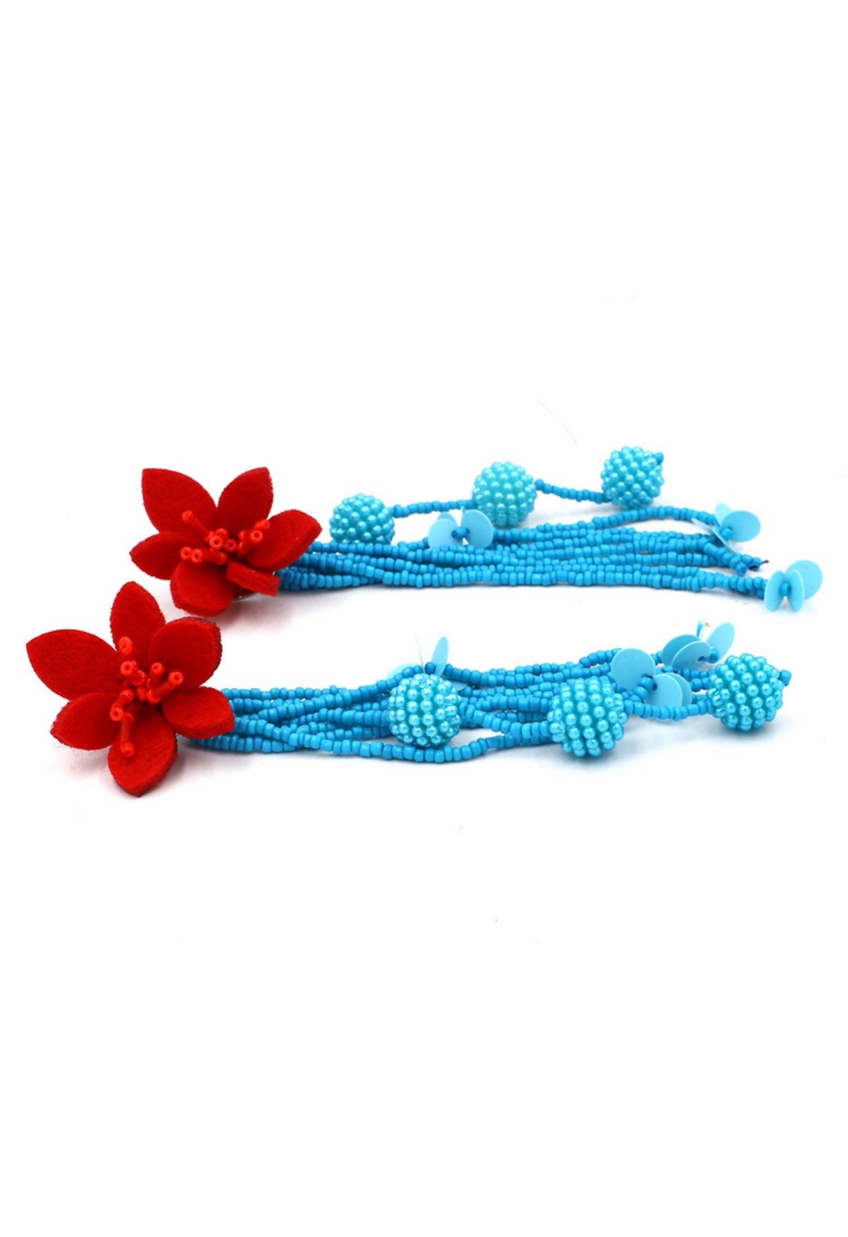 Red Flower Beaded Tassel Earrings