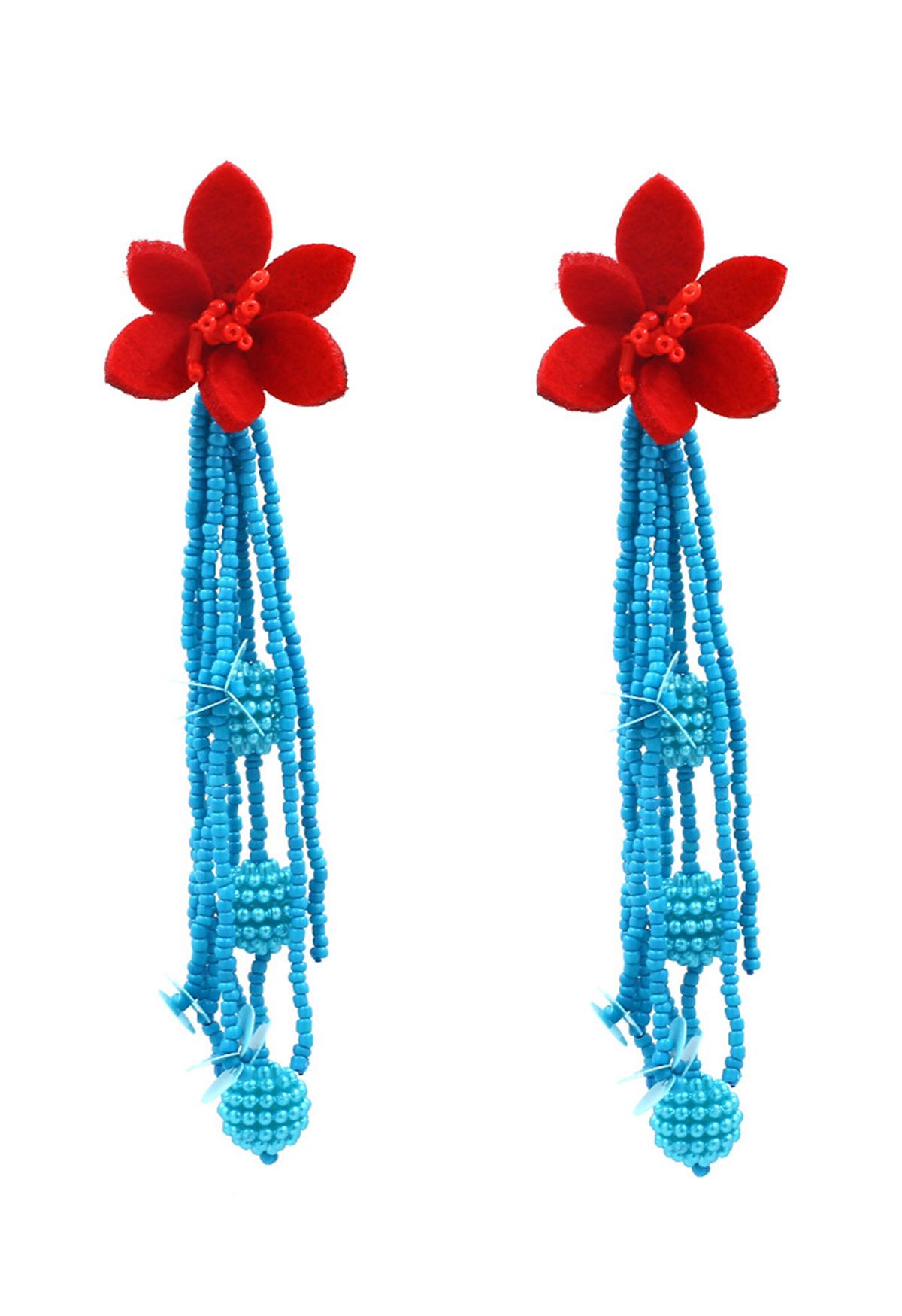 Red Flower Beaded Tassel Earrings