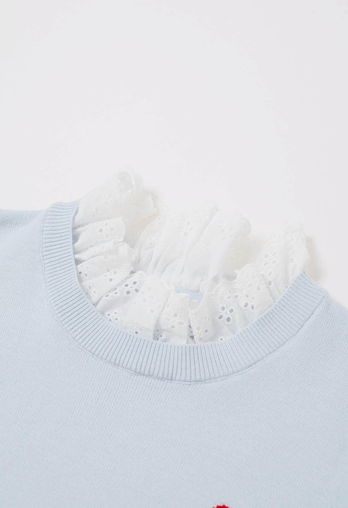 Red Heart Cotton Ruffle Spliced Knit Top in Light Blue