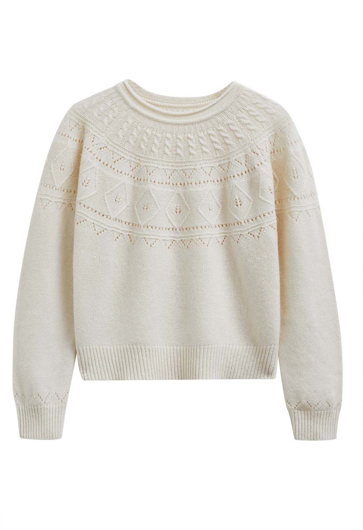 Hollow Out Diamond Knit Sweater in Cream