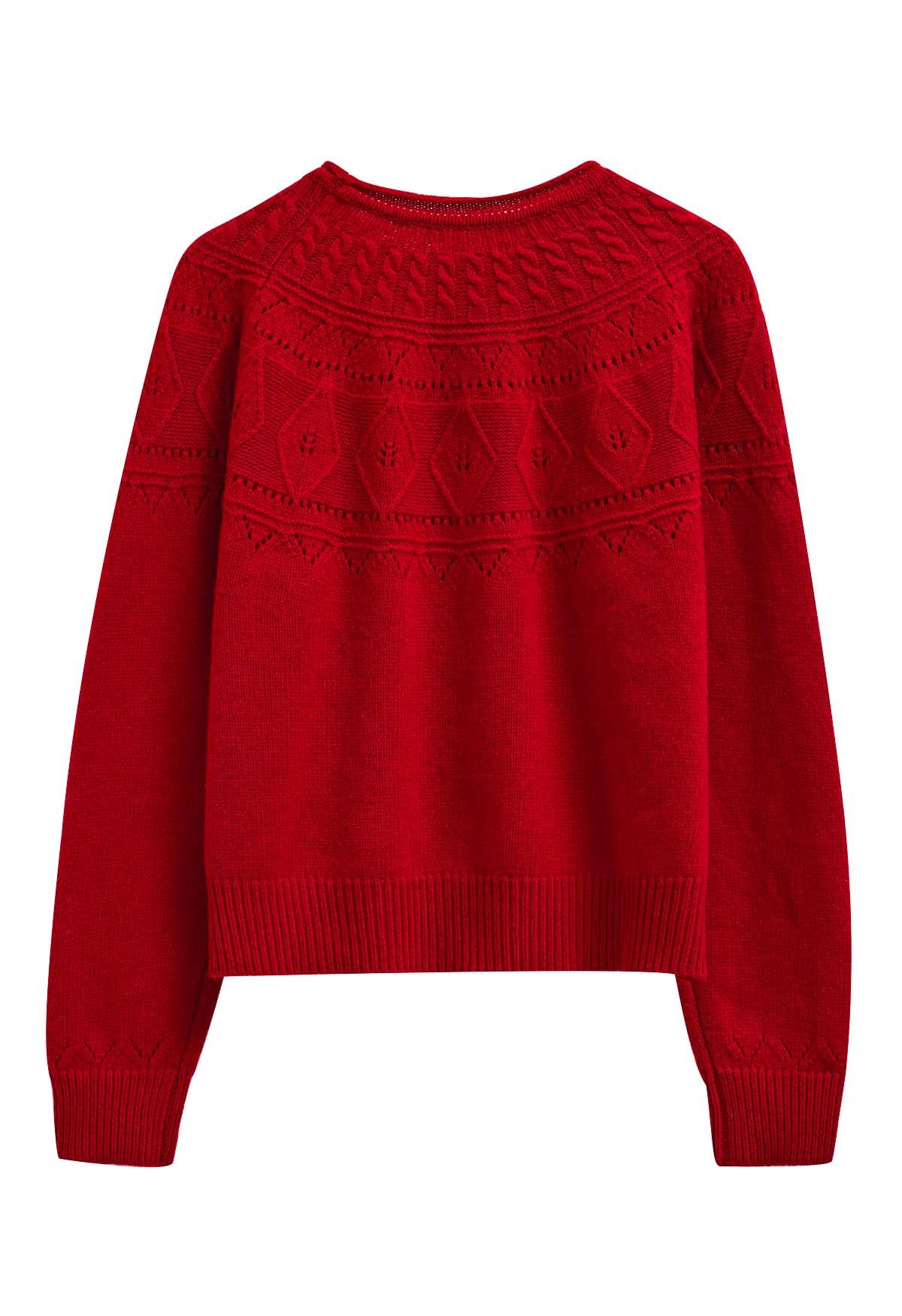 Hollow Out Diamond Knit Sweater in Red