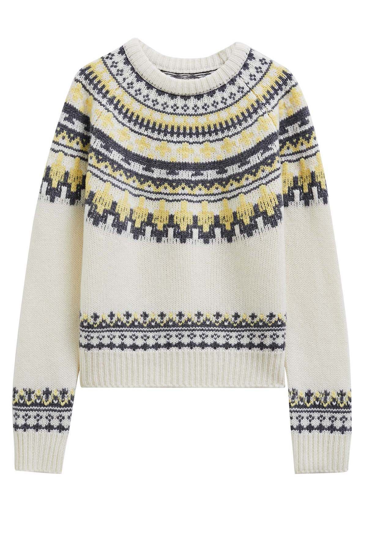 Nordic-Inspired Fair Isle Knit Sweater in Cream