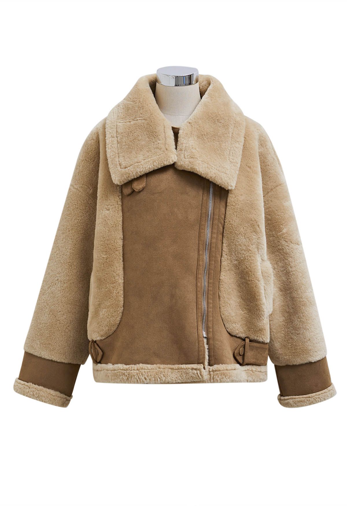 Faux Suede and Fur Belted High Neck Coat