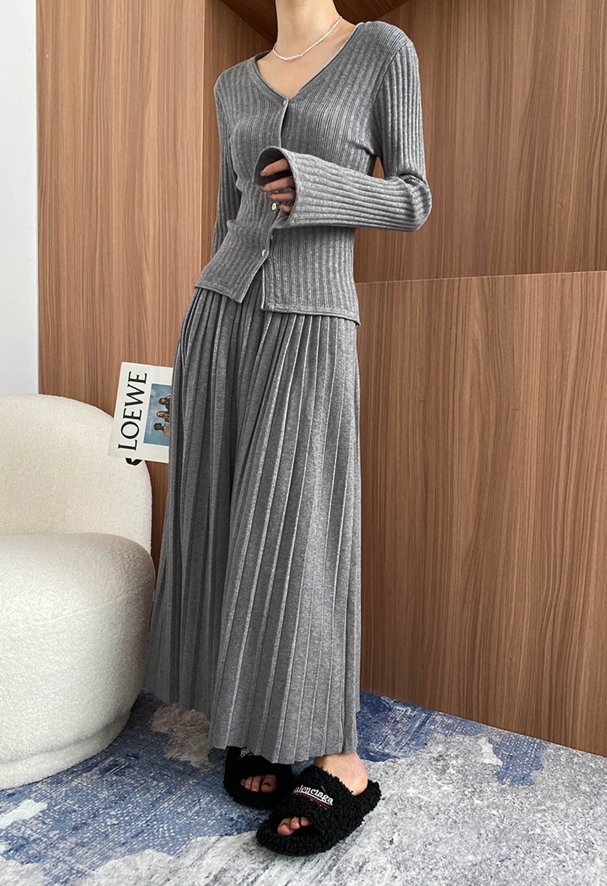 Flare Cuffs Button Knit Top and Midi Skirt in Grey