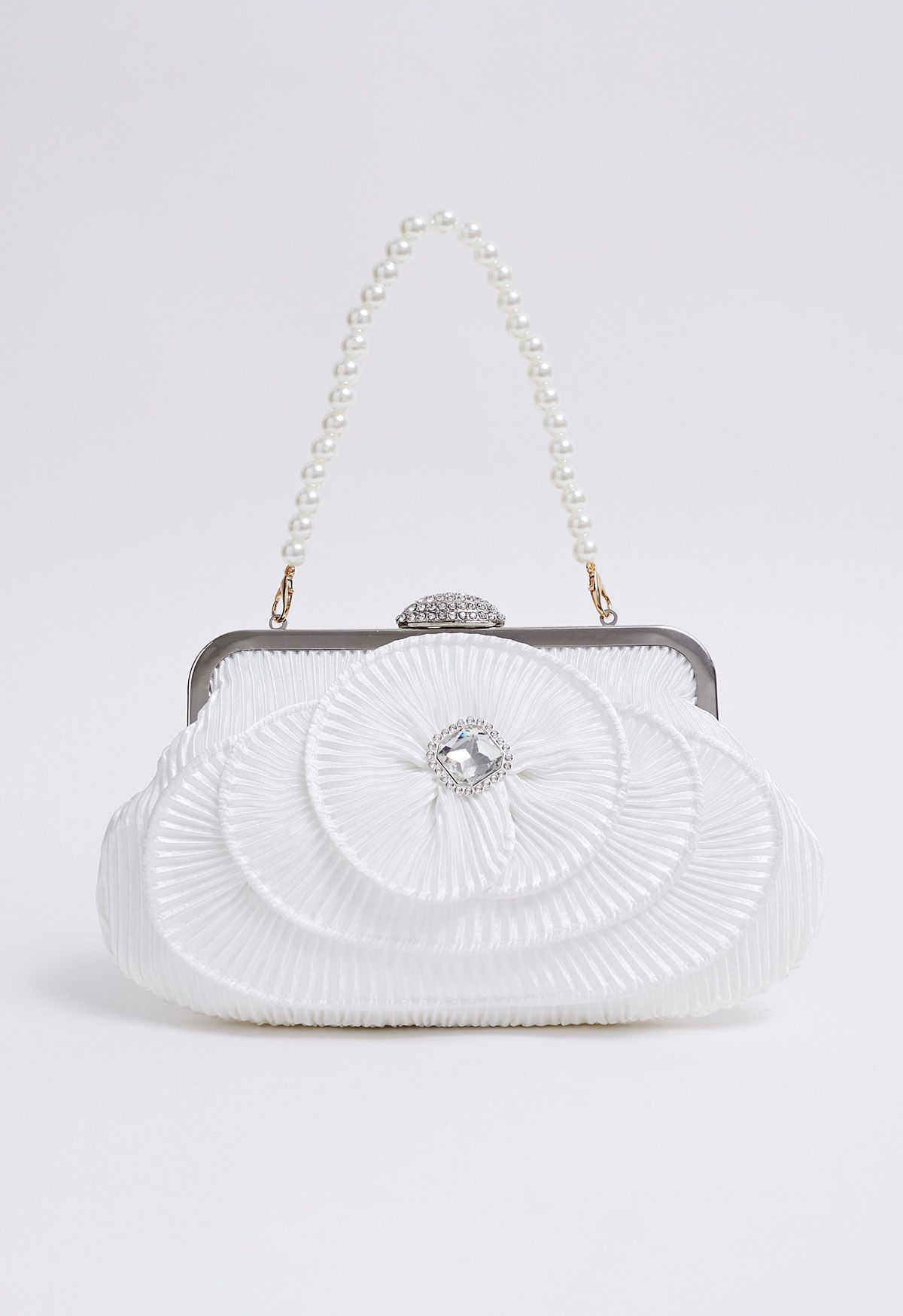 Rhinestone Camellia Pearl Chain Clutch