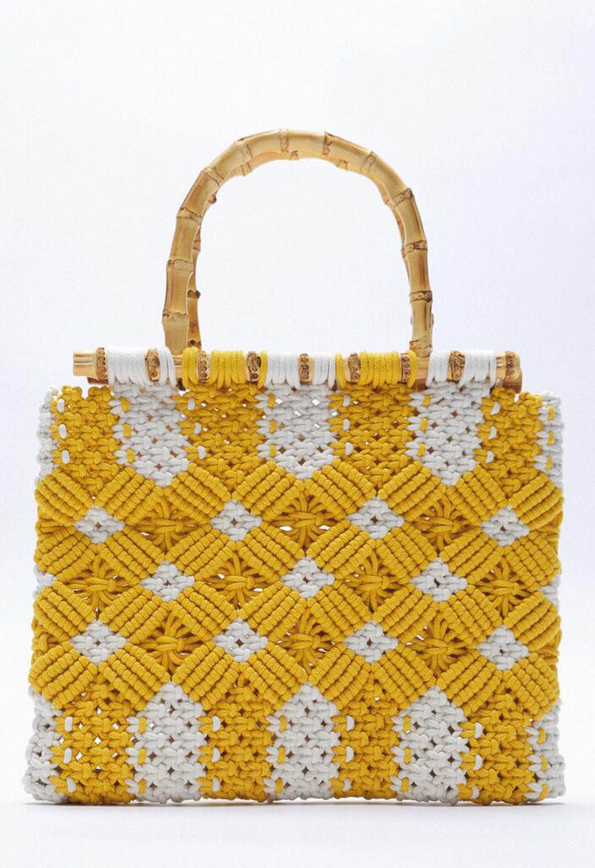 Bamboo Handle Two-Tone Woven Handbag in Yellow