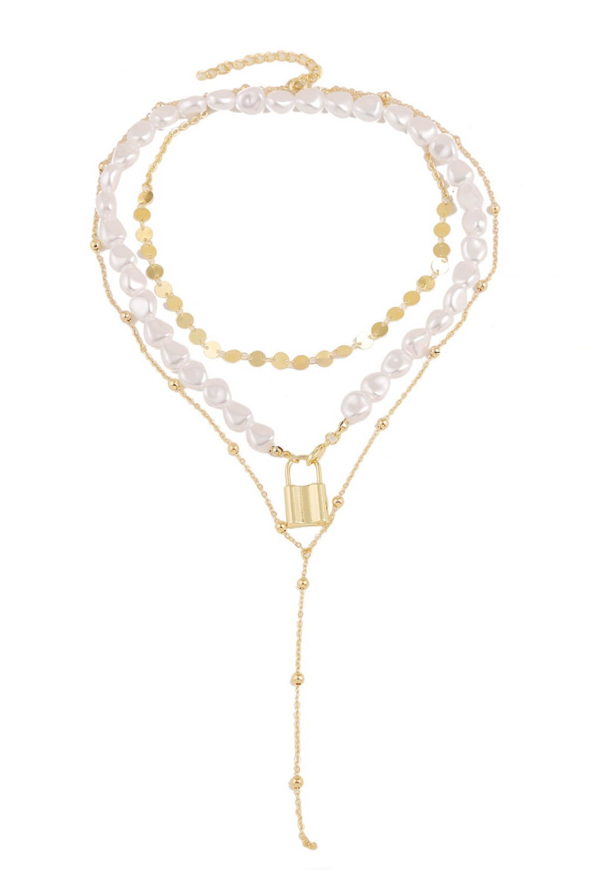 Multi-Layered Coin Pearl Gold Lock Necklace