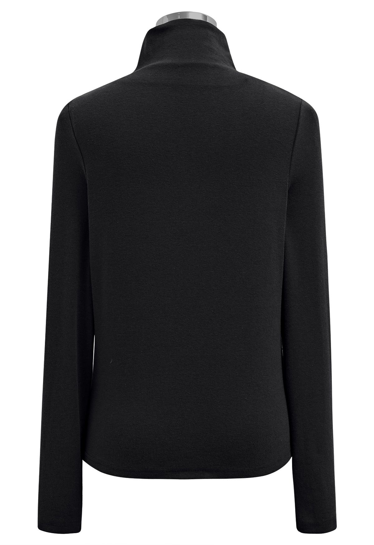 Chic Self-Tie Knotted Mock Neck Top in Black