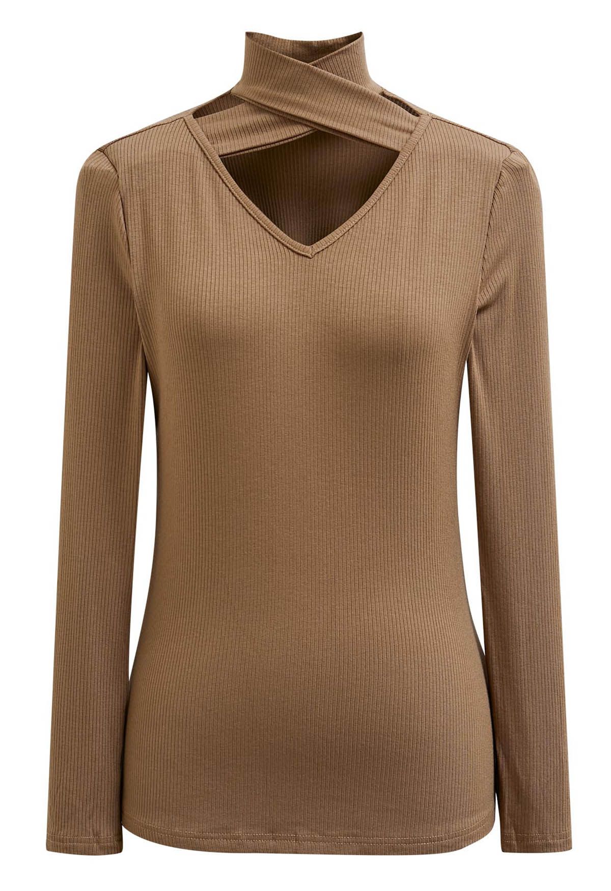 Crisscross Cutout Neckline Long Sleeve Top in Camel