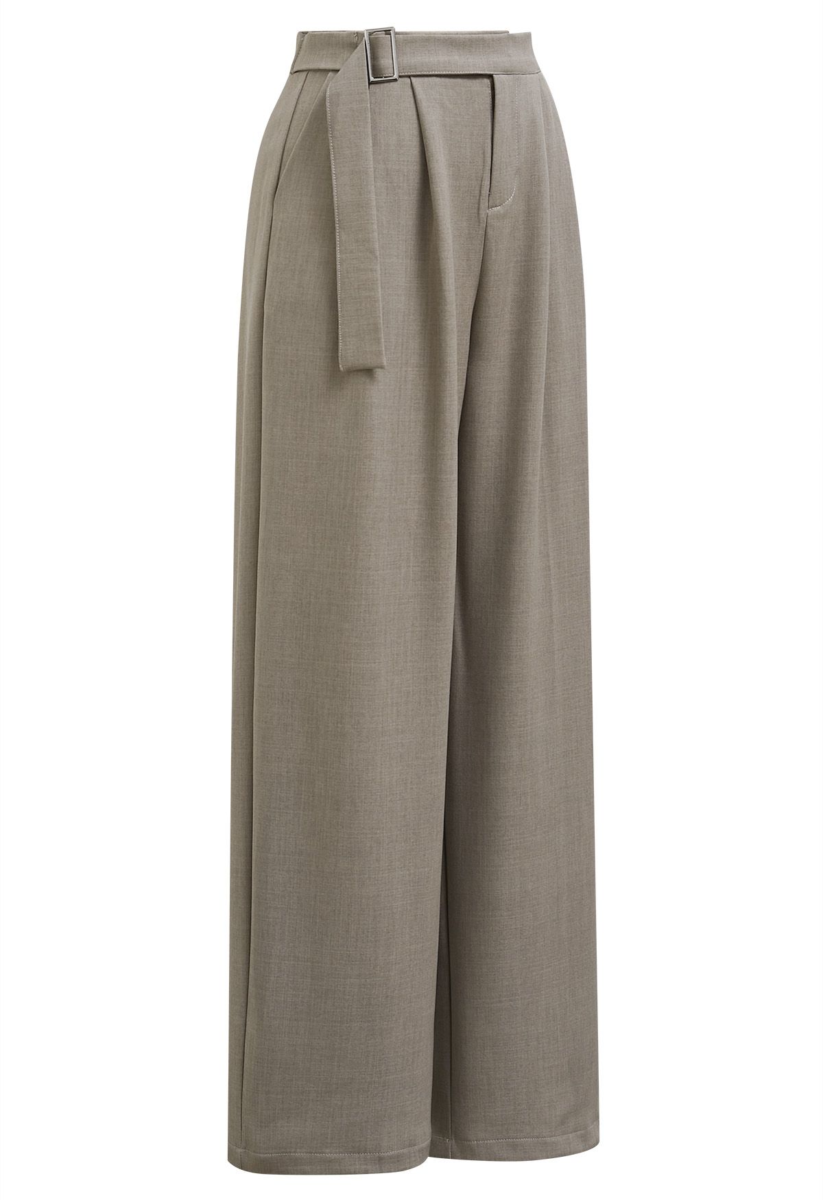 Solid Belted High Waist Wide-Leg Pants in Oatmeal