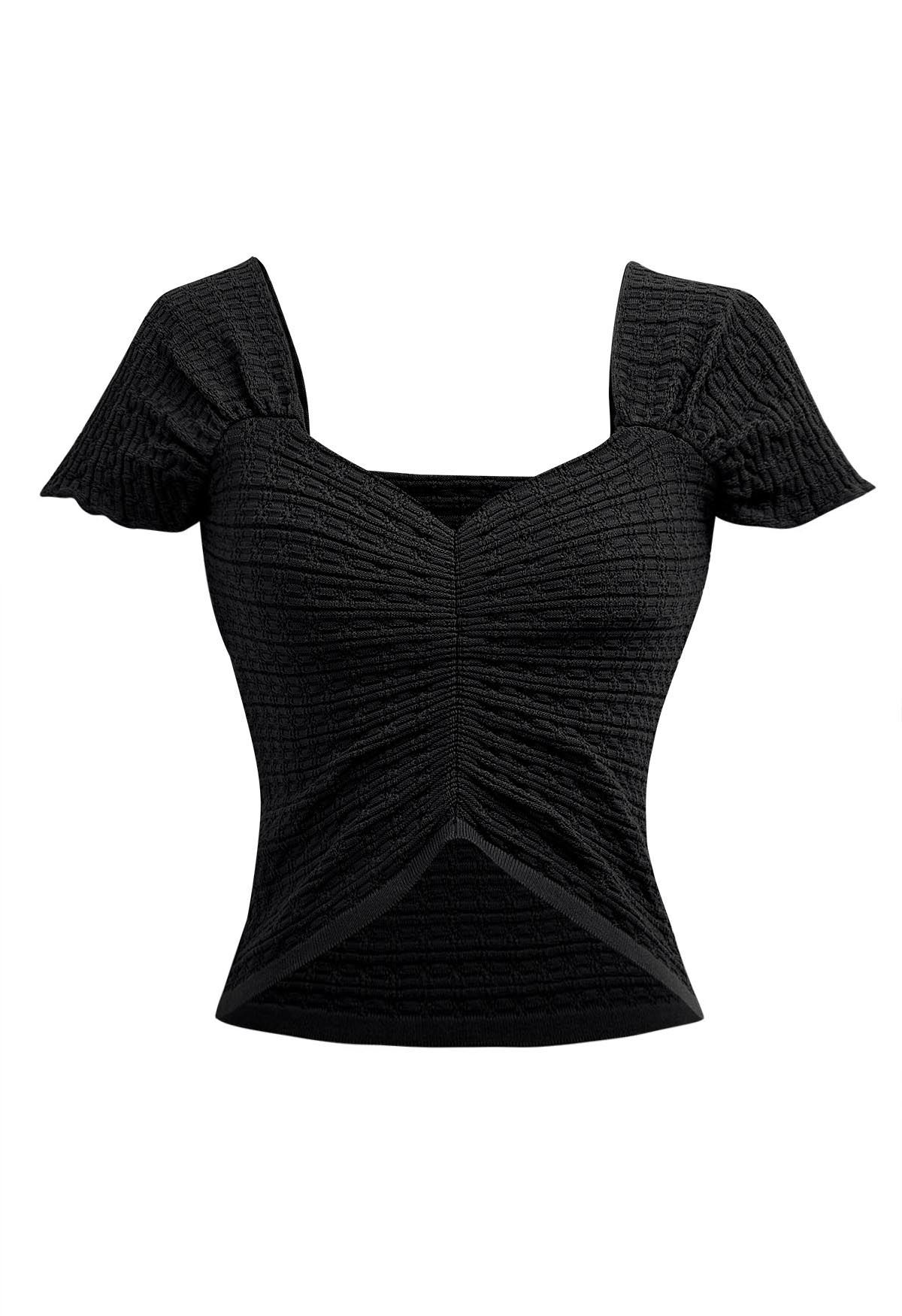 Sweetheart Neckline Shirred Crop Knit Top in Black